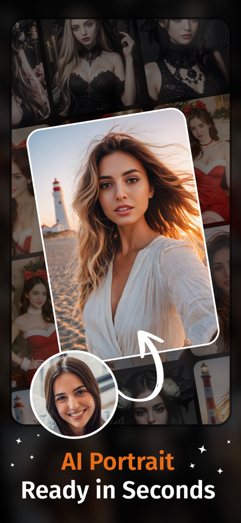 さまざまな服装スタイルを示す女性のAIバーチャル試着ポートレート