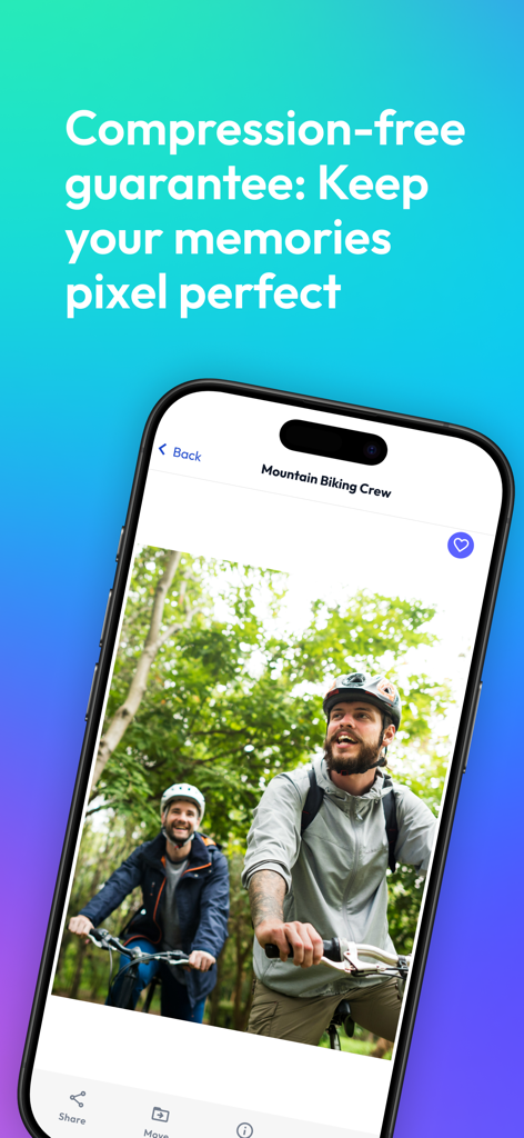Photobucket: Private sharing - Interfaz de la aplicación Photobucket que muestra fotos de ciclismo de montaña de alta calidad con garantía de intercambio sin compresión.