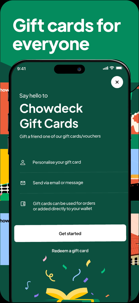 Chowdeck | Food Delivery - Chowdeck app screen for purchasing and sending personalized gift cards for food delivery
