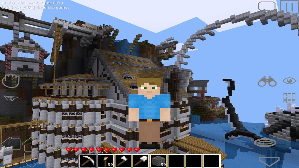 FreeCraft Survival Pocket Edition - A pixelated character stands in front of a large block-built structure in a survival world