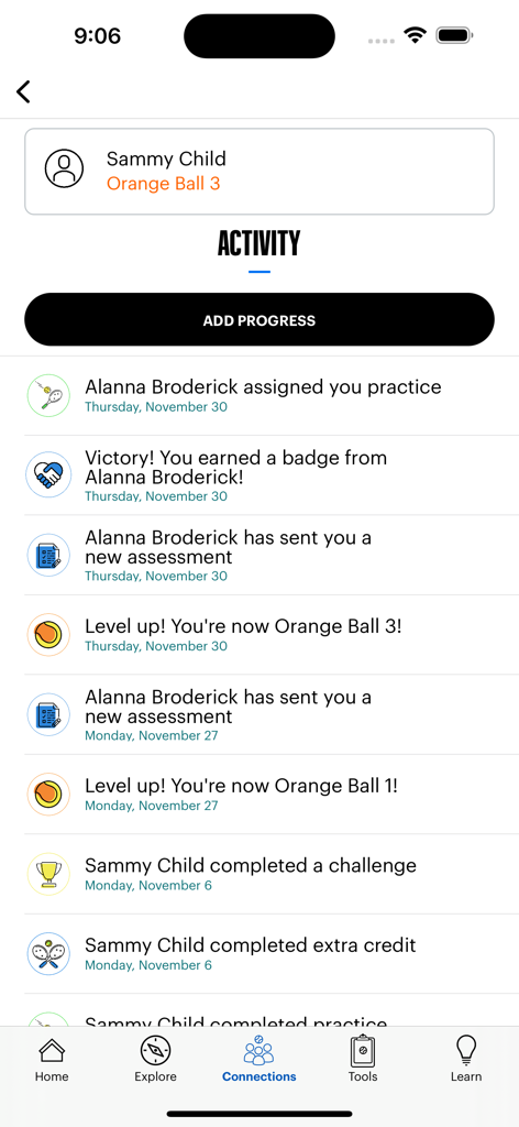 A tennis coach app showing a player activity feed with badges and progress updates