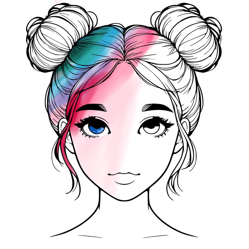 realistic girl with two buns on top of her head