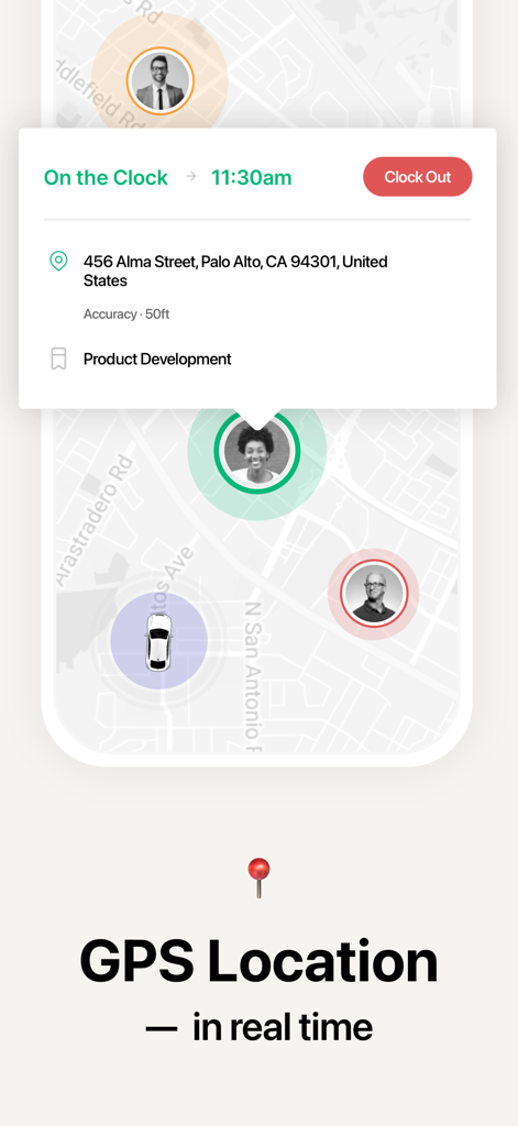 Atto - Time Clock & Scheduling - Atto app showing real time GPS location and employee status on a map
