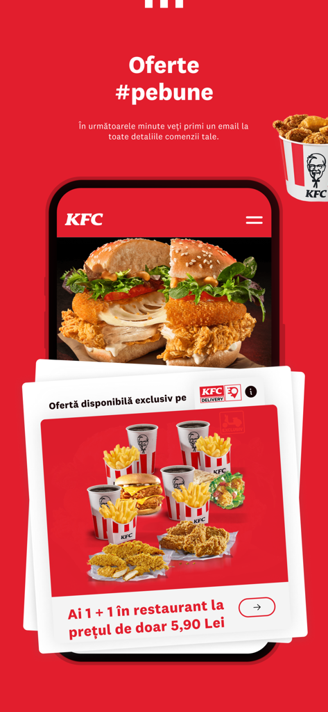 KFC Romania mobile app interface displaying exclusive food offers and a variety of menu items.