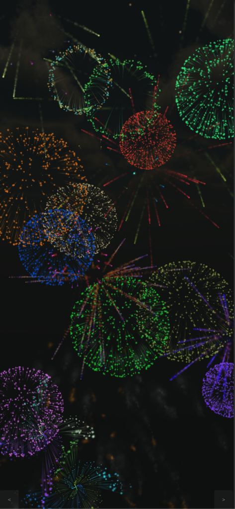 유아 감각 앱에서 검은 화면 위로 터지는 생동감 넘치는 멀티 색상의 불꽃놀이.