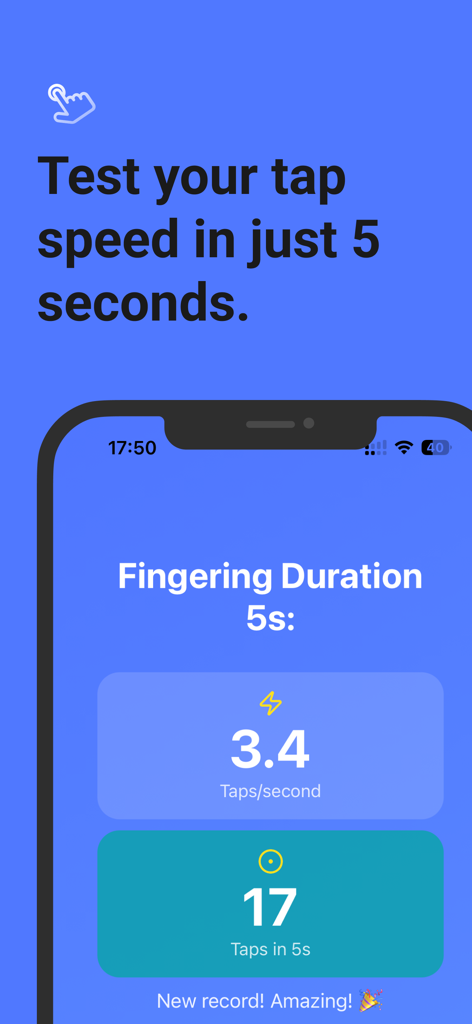 Finger Fast - Tap Speed Test - Oberfläche der Finger Fast App zeigt ein Tippgeschwindigkeitsergebnis von 17 Tipps in 5 Sekunden