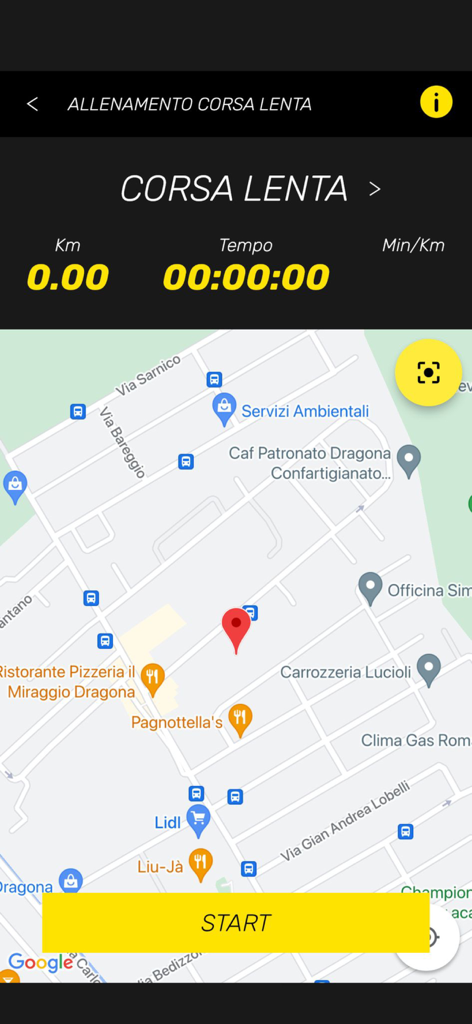 My Personal Running Coach - Pantalla de seguimiento de entrenamiento GPS en la aplicación Mi Entrenador Personal de Running que muestra un mapa y un botón de inicio para una sesión de entrenamiento de carrera lenta.