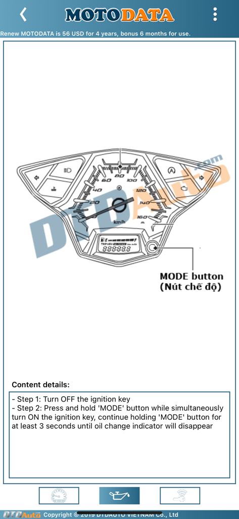 MOTODATA - Diagrama del panel de instrumentos de una motocicleta con instrucciones de reinicio del indicador de cambio de aceite
