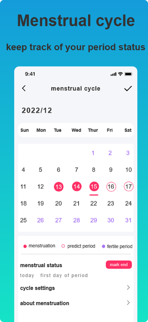 Zmoofit - Menstrual cycle calendar tracking screen in the Zmoofit health app showing period and fertility predictions.