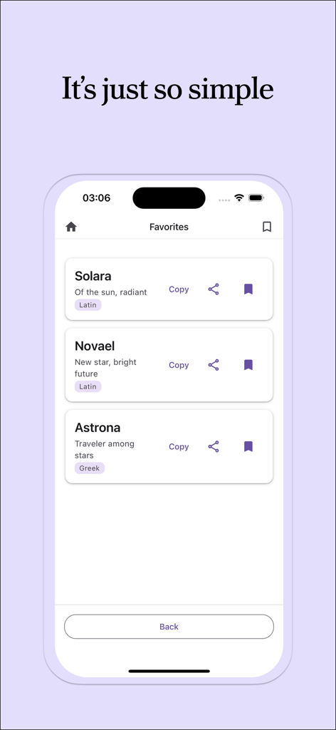 Name Generator: For Anything - Pantalla de favoritos que muestra nombres generados por IA con significados y orígenes