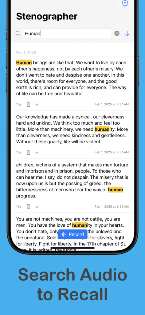 Stenographer - Die Benutzeroberfläche der Stenograf-Mobil-App, die eine Suche nach bestimmten Begriffen in transkribierten Audioaufnahmen mit hervorgehobenen Ergebnissen zeigt