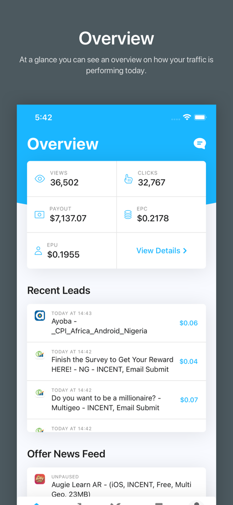 OGAds Earnings - Dashboard overview of the OGAds Earnings app showing performance metrics and recent leads