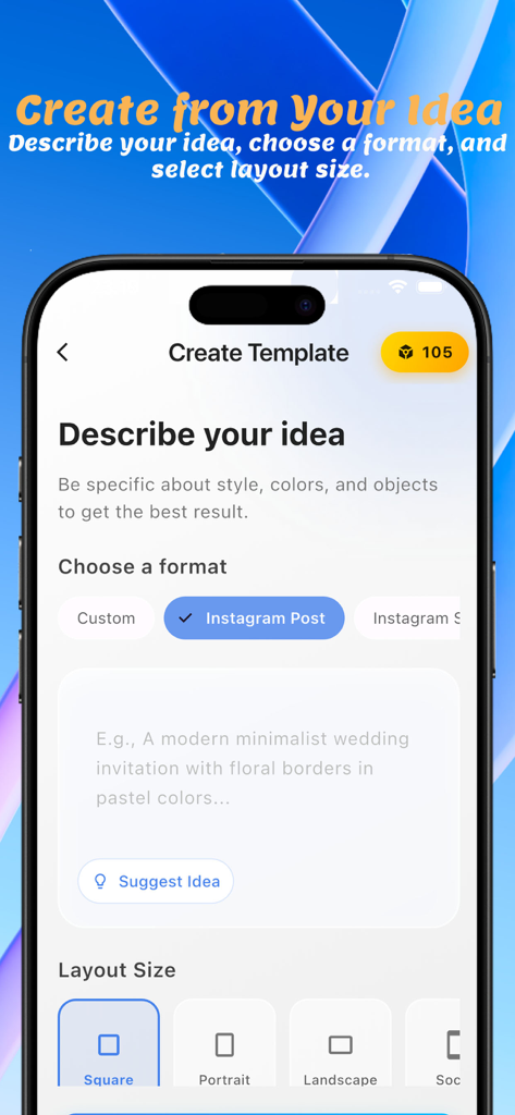 Canvas Template & Design Maker - Interfaz de la aplicación Canvas Template que muestra el campo de entrada de indicaciones de IA y la selección del tamaño del diseño para crear diseños personalizados.