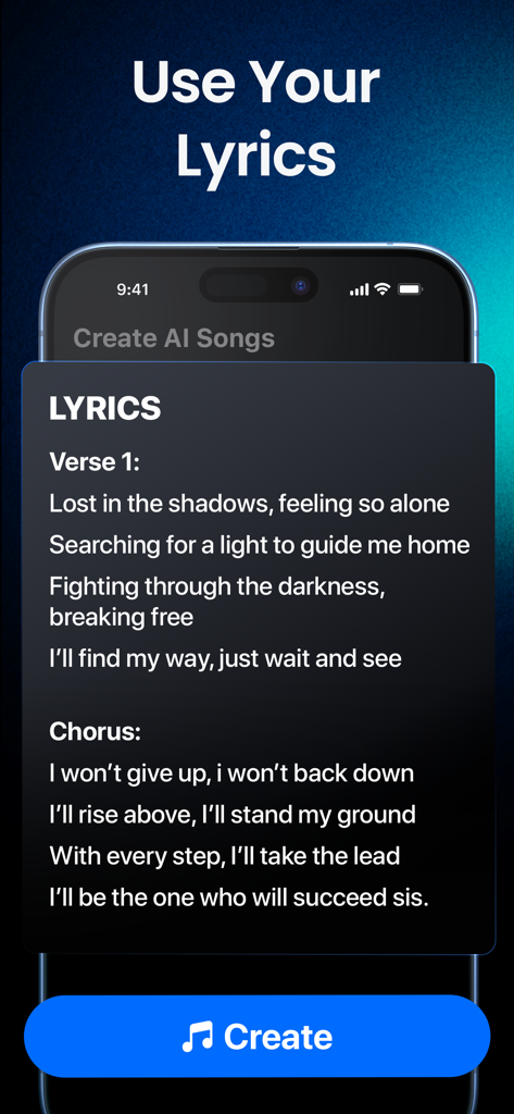 Interface of Shoom AI Music app showing the input of custom song lyrics for music generation