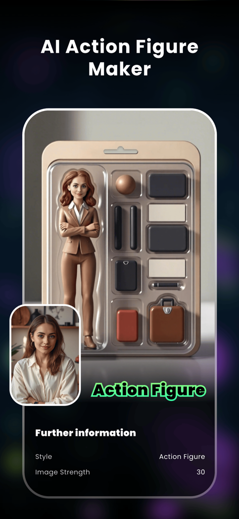 GoArt - AI Art Image Generator - Interface do aplicativo móvel GoArt mostrando o recurso de criação de bonecos de ação em IA transformando um retrato em uma caixa de brinquedo personalizada