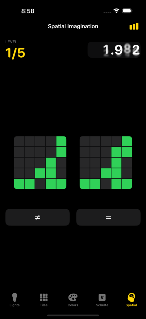 Reaction Time: Reflex Test - A mobile screen showing the Spatial Imagination game where two 5x5 grids with green and gray patterns are compared using inequality and equality symbols.