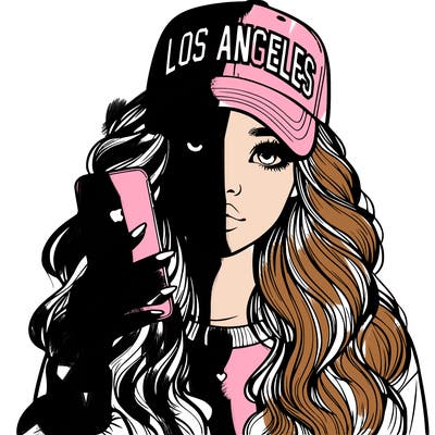 realistic beautiful girl wearing los ángeles cap holding an iphone