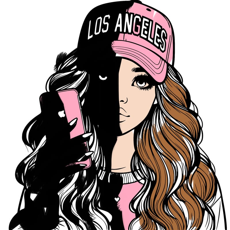 realistic beautiful girl wearing los ángeles cap holding an iphone
