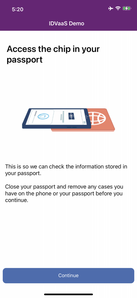 IDVaaS - Instructional screen from the IDVaaS app showing how to position a smartphone over a passport to scan its electronic chip for identity verification