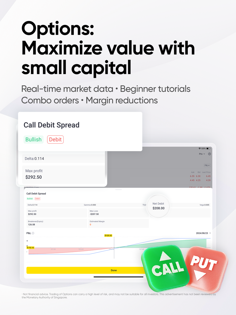 Tiger Trade - One stop trading - Tiger Trade mobile app interface displaying options trading features including call debit spreads and profit analysis charts