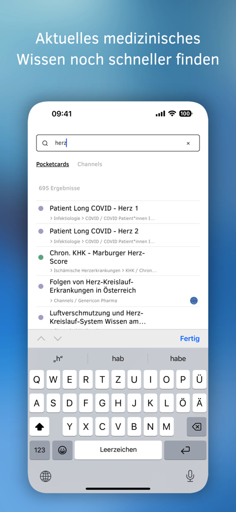 Medbee - Medbee app search interface displaying results for medical pocketcards and clinical guidelines