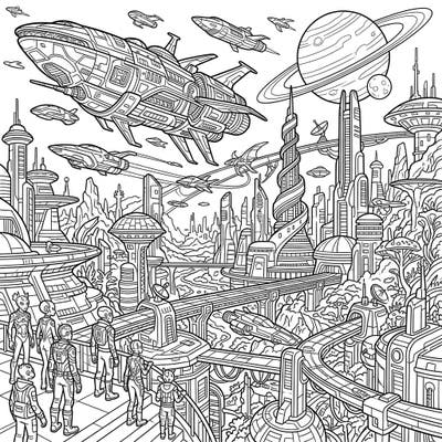 Dive into an epic science fiction world with this captivating coloring page featuring a bustling futuristic city. Unleash your imagination as you bring to life an intricate landscape of advanced technology and alien encounters.