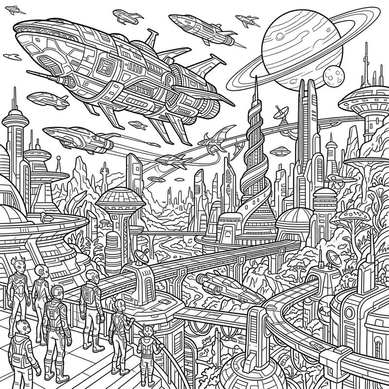 Dive into an epic science fiction world with this captivating coloring page featuring a bustling futuristic city. Unleash your imagination as you bring to life an intricate landscape of advanced technology and alien encounters.