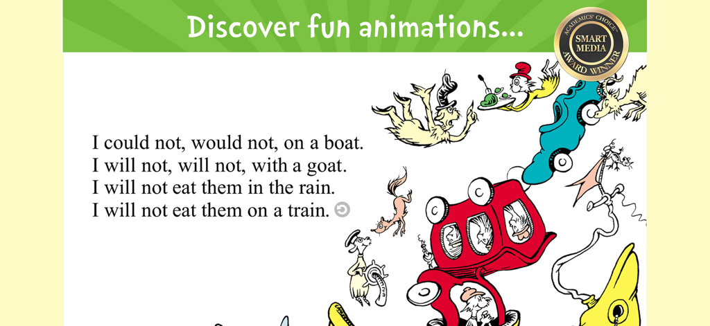 Página de la aplicación Huevos verdes con jamón que muestra el texto rítmico clásico y animaciones de los personajes del Dr. Seuss.