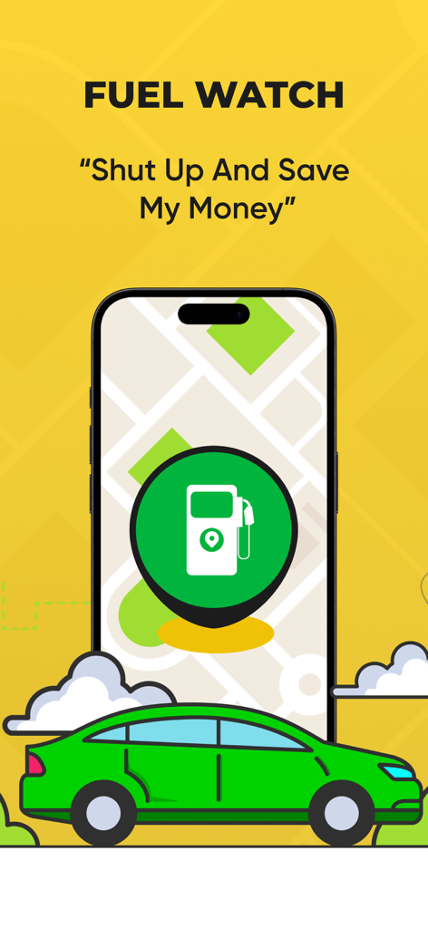 Pantalla de introducción de la aplicación Fuel Watch que muestra un mapa de smartphone con un icono de gasolinera y un coche verde