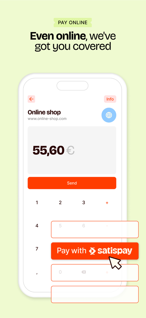Satispay: Pay and invest - Satispay app interface showing a 55.60 Euro online shop payment with a pay with Satispay button