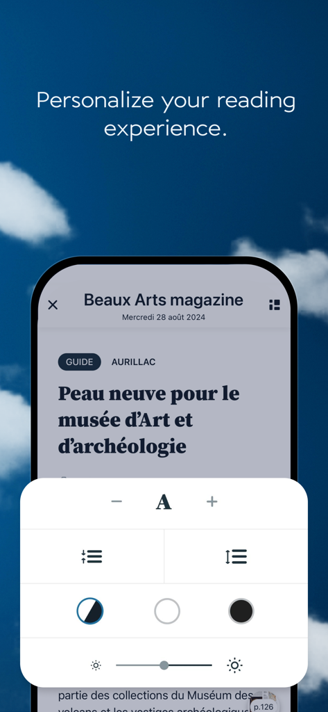 Air France Press mobile app interface showing personalized reading settings for a digital magazine