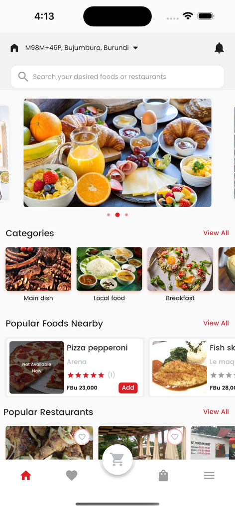 Baza Burundi - Baza Burundi app home screen showing food categories and popular dishes in Bujumbura