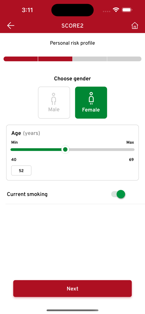 Interfaz de la calculadora de riesgo médico SCORE2 para ingresar el género, la edad y el estado de fumador del paciente