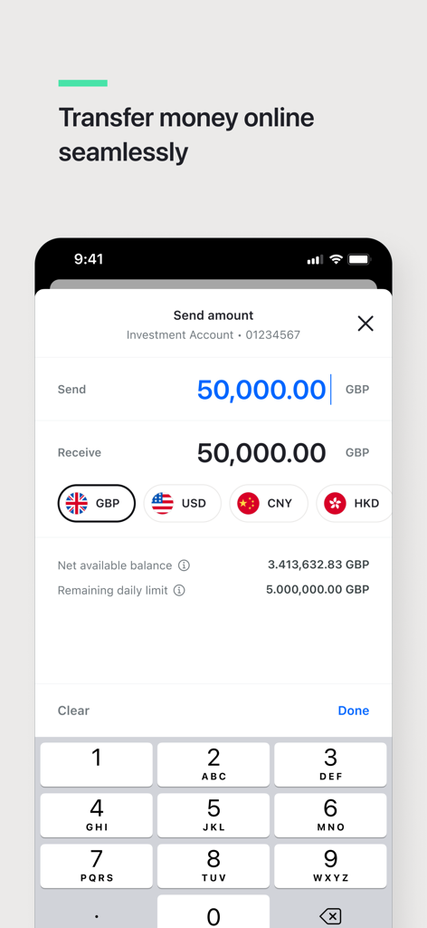 J.P. Morgan Private Bank mobile app interface for seamless international money transfers showing a transaction in British Pounds