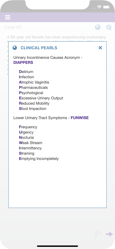 Family Medicine Study Guide - Medical study app displaying clinical pearls and mnemonics for urinary incontinence and symptoms