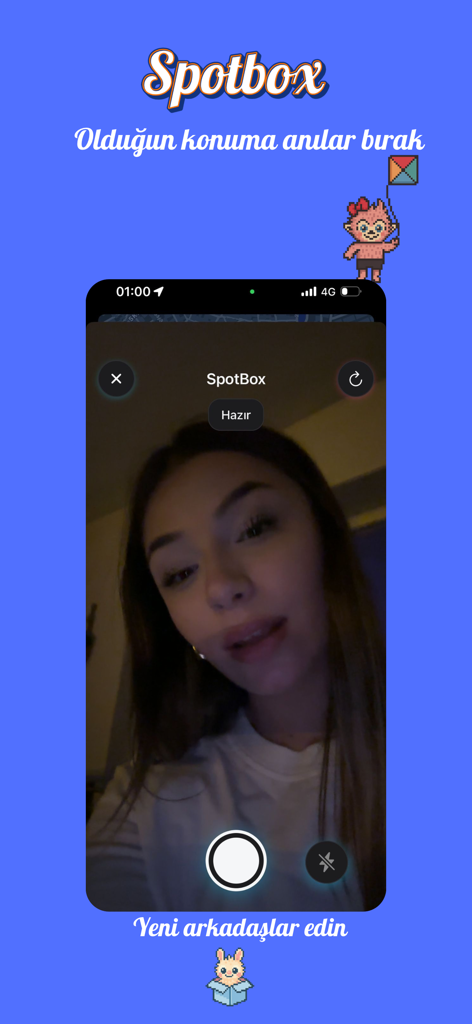 SpotBox app interface displaying the camera screen for sharing location based photos