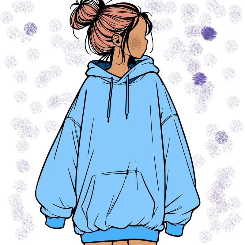 realistic girl with a oversized sweatshirt on and a bun