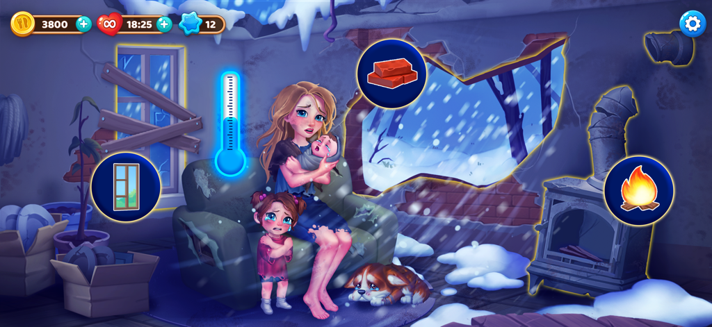 A woman and children huddling in a cold broken room with renovation choices in Manor Cafe