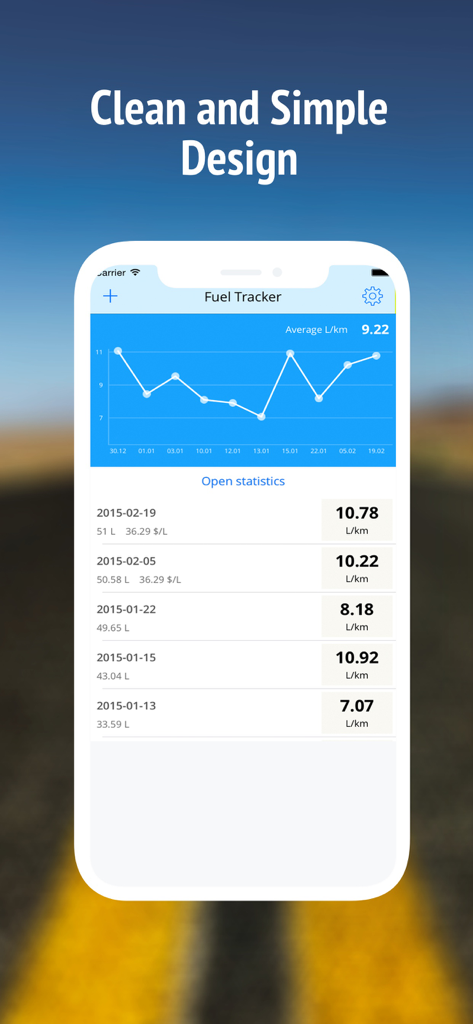 Fuel Tracker Gas & Mileage Log - Fuel Tracker app interface displaying a fuel efficiency graph and detailed consumption logs