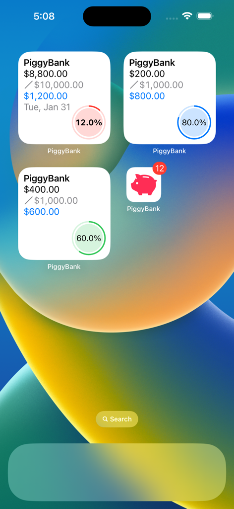 iPhone home screen featuring multiple Piggy Bank savings widgets showing goal progress bars and percentages.