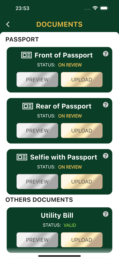 Tela de gerenciamento de documentos de passaporte e conta de serviços públicos no aplicativo PMG Services.
