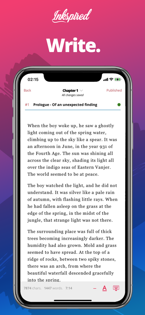 Inkspired - Interfaccia dell'app mobile Inkspired che mostra l'editor di scrittura per il prologo di una storia