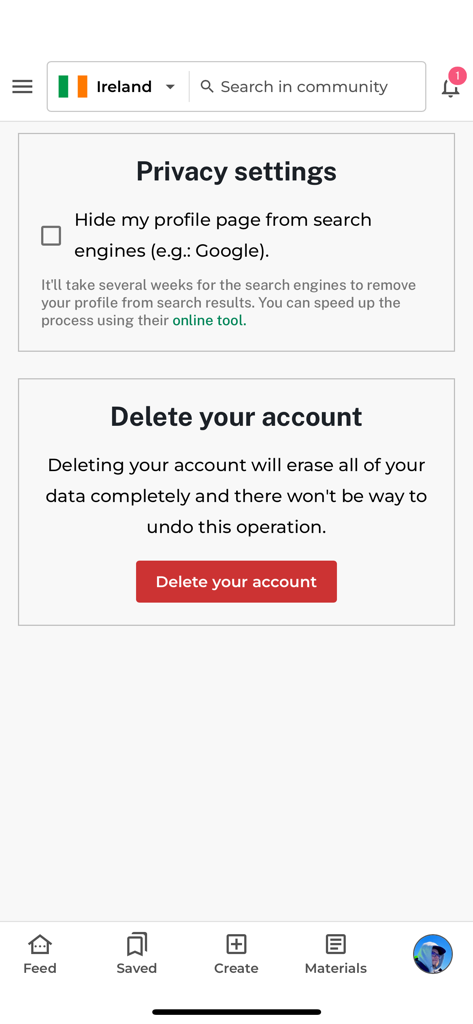 User account settings screen in the Freeed for Teachers app showing privacy options and account deletion