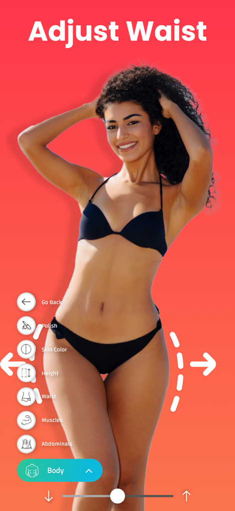 Screenshot of Body Editor app interface showing a waist slimming tool being used on a photo of a woman in a bikini