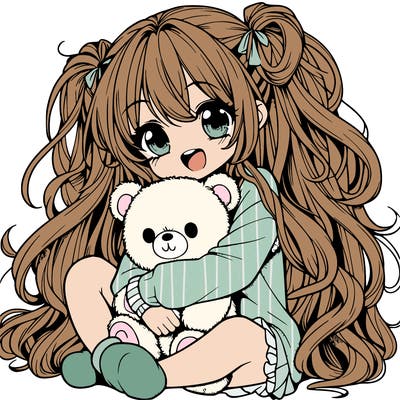 manga girl, long curly hair, happy, cuddling a teddy bear