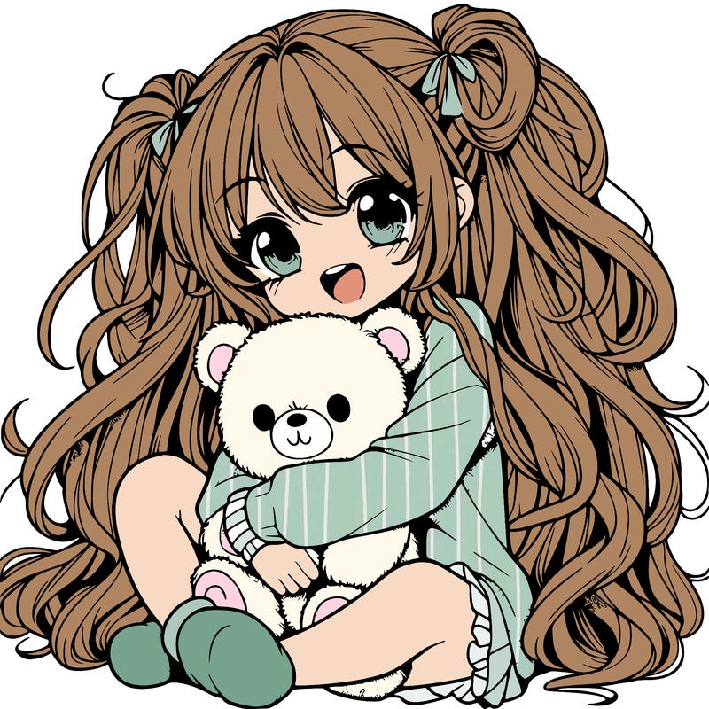 manga girl, long curly hair, happy, cuddling a teddy bear