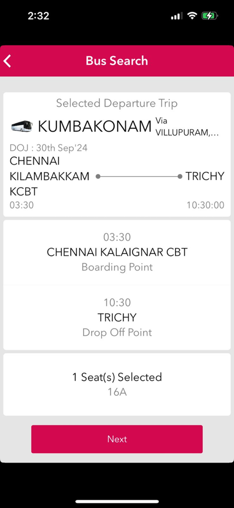 TNSTC - TNSTC app interface showing a selected bus trip from Chennai to Trichy with departure and seat information.