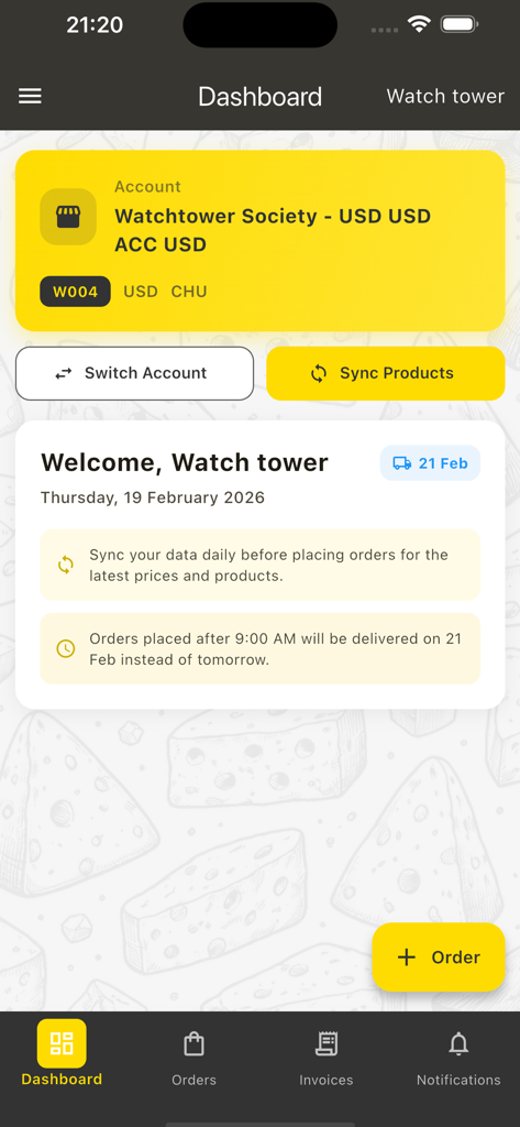 myCheeseman - Dashboard view of the myCheeseman B2B ordering app showing account details and order button