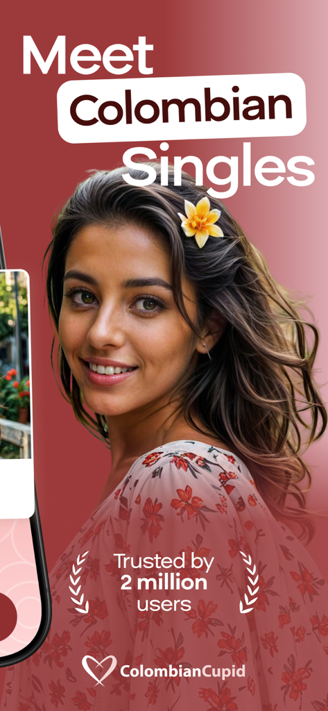 ColombianCupid: Latin Dating - 「コロンビアの独身者と出会う」というテキストと「200万人が利用」という信頼されたメッセージが表示された、笑顔の女性が表示されたColombianCupidデートアプリの画面