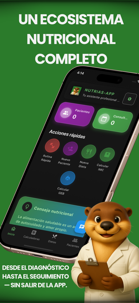 NutriasApp - Interfaz móvil de NutriasApp para profesionales de la nutrición que muestra el seguimiento de pacientes y calculadoras metabólicas